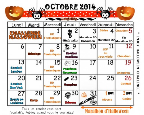 calendrier,challenge halloween 2014,halloween